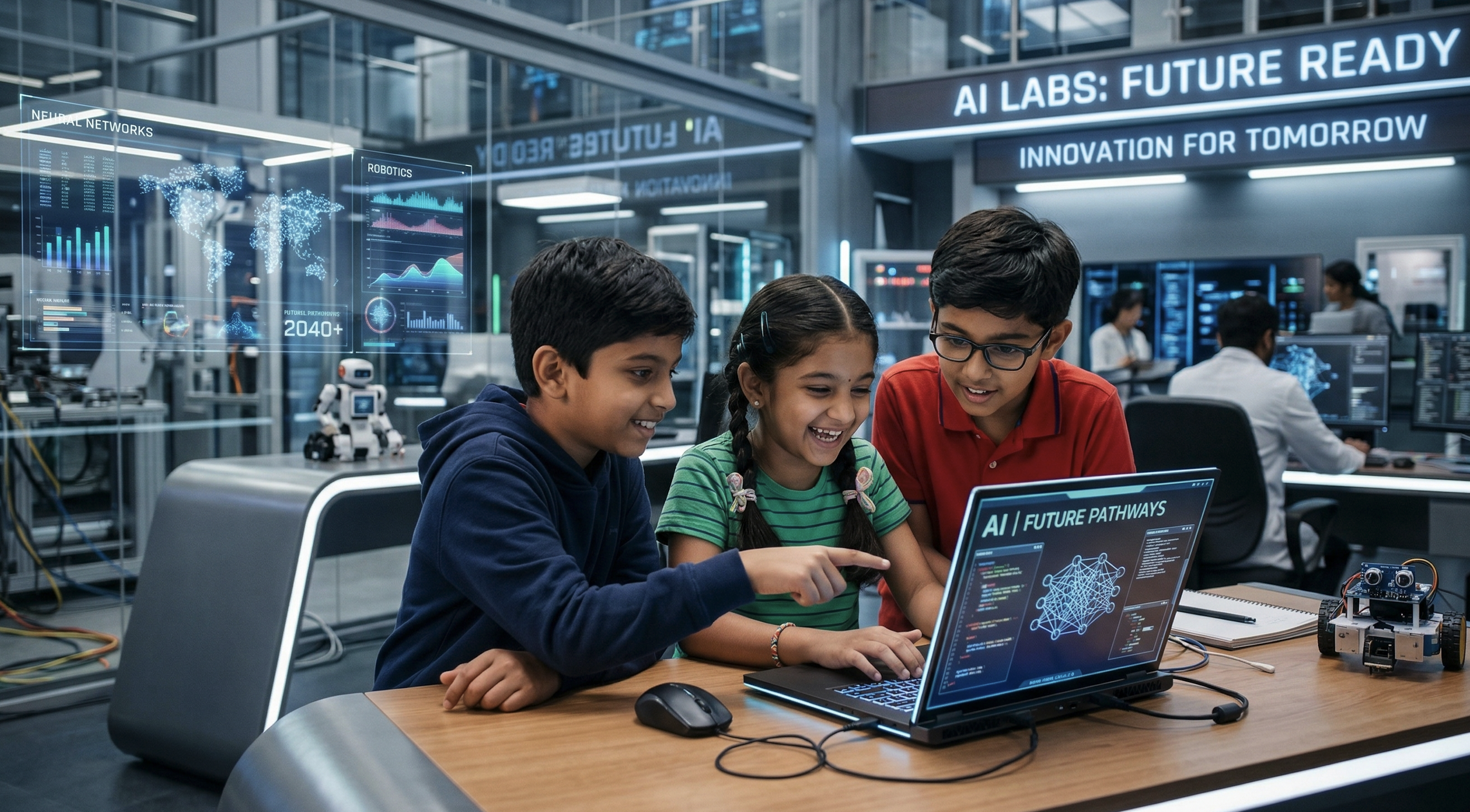 Three kids collaborating on a laptop in an AI lab